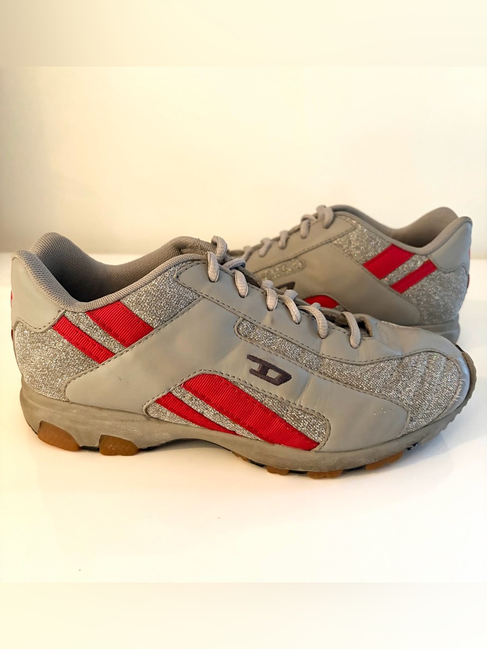 Vintage Y2K DIESEL Krypton Grey Sneakers Silver Sparkle Glitter Leather Size 7.5